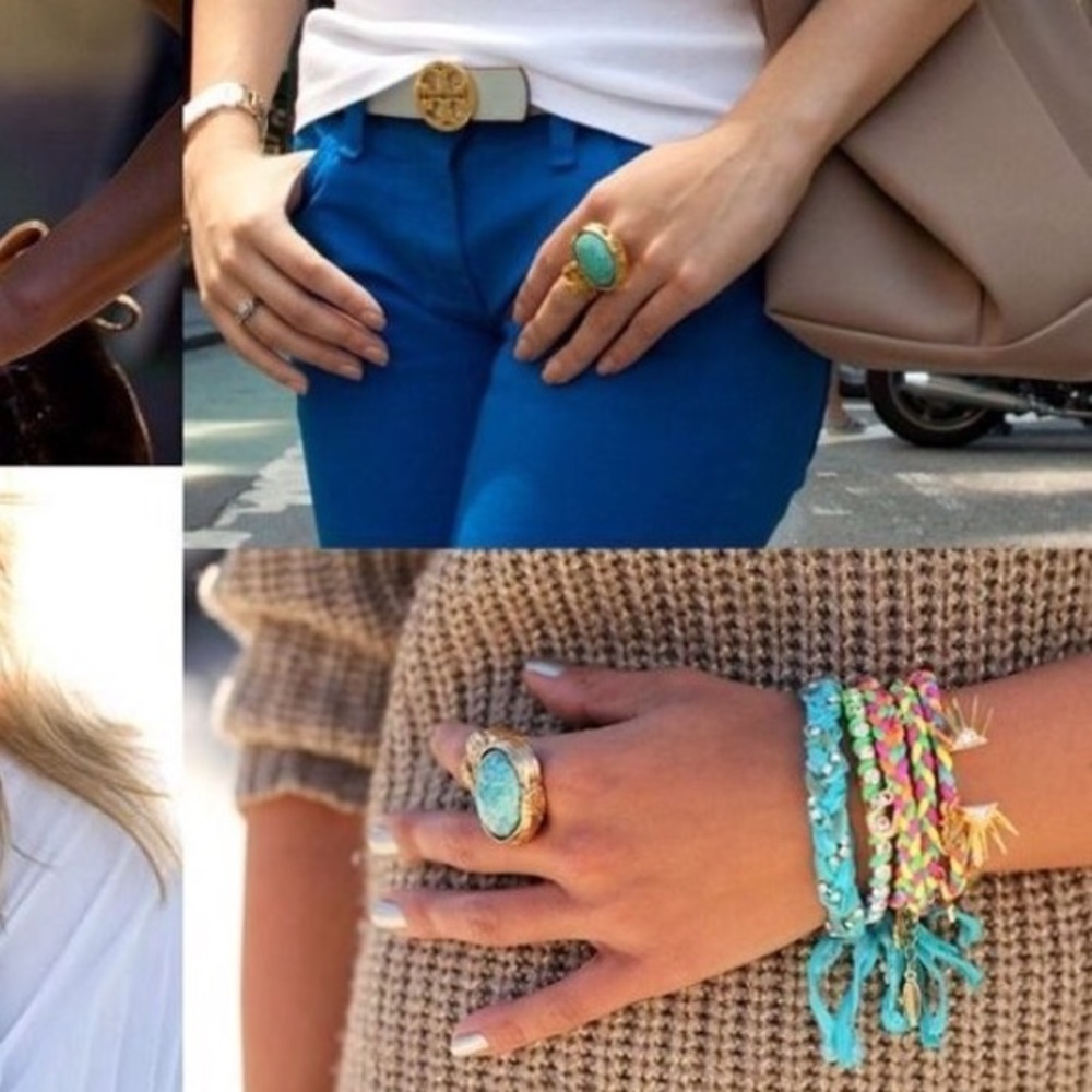 Turquoise Vintage Glass Oval Statement gold Ring